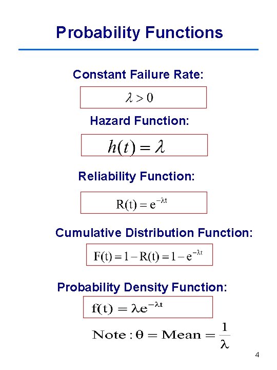 Probability Functions Constant Failure Rate: Hazard Function: Reliability Function: Cumulative Distribution Function: Probability Density