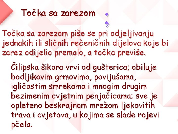 Točka sa zarezom ; Točka sa zarezom piše se pri odjeljivanju jednakih ili sličnih