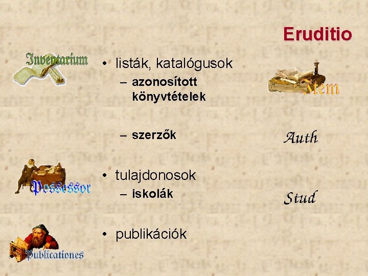 Eruditio • listák, katalógusok – azonosított könyvtételek – szerzők • tulajdonosok – iskolák •
