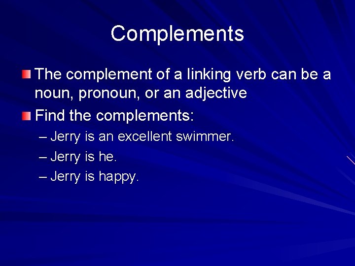 Complements The complement of a linking verb can be a noun, pronoun, or an