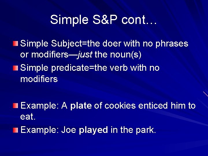 Simple S&P cont… Simple Subject=the doer with no phrases or modifiers—just the noun(s) Simple