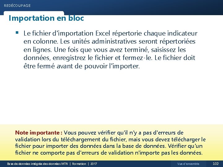 REDÉCOUPAGE Importation en bloc § Le fichier d'importation Excel répertorie chaque indicateur en colonne.