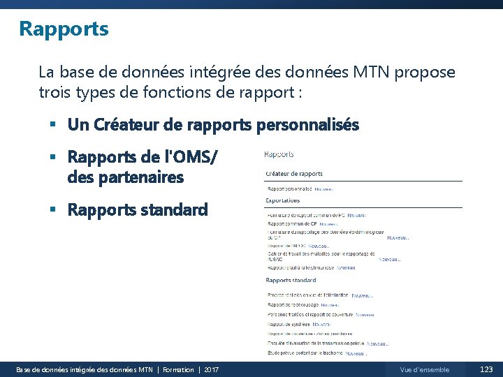 Rapports La base de données intégrée des données MTN propose trois types de fonctions