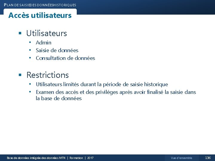 P LAN DE SAISIEDES DONNÉESHISTORIQUES Accès utilisateurs § Utilisateurs • Admin • Saisie de