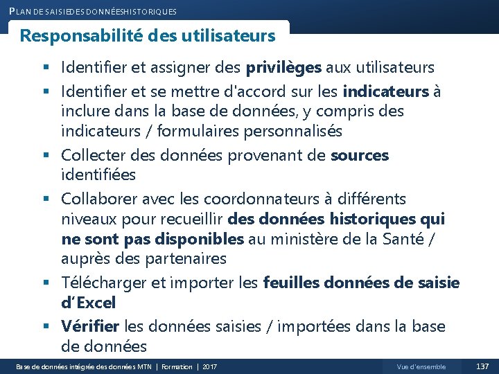 P LAN DE SAISIEDES DONNÉESHISTORIQUES Responsabilité des utilisateurs § Identifier et assigner des privilèges