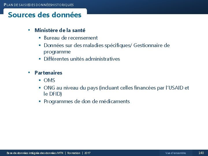 P LAN DE SAISIEDES DONNÉESHISTORIQUES Sources données • Ministère de la santé § Bureau