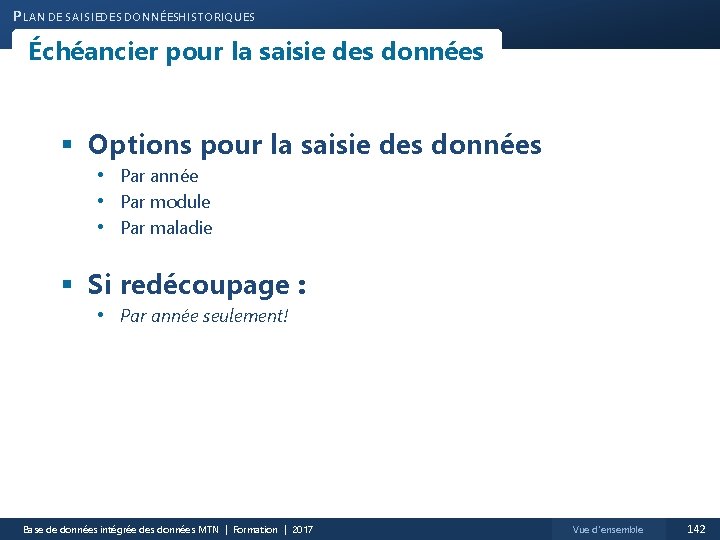 P LAN DE SAISIEDES DONNÉESHISTORIQUES Échéancier pour la saisie des données § Options pour