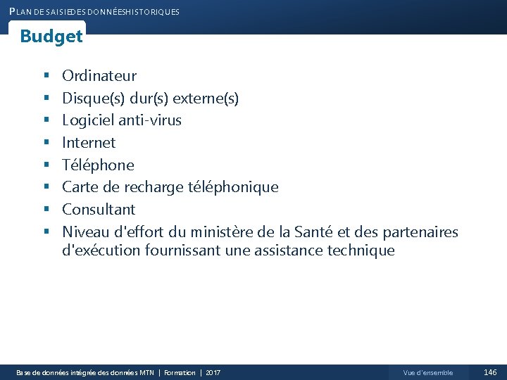 P LAN DE SAISIEDES DONNÉESHISTORIQUES Budget § § § § Ordinateur Disque(s) dur(s) externe(s)