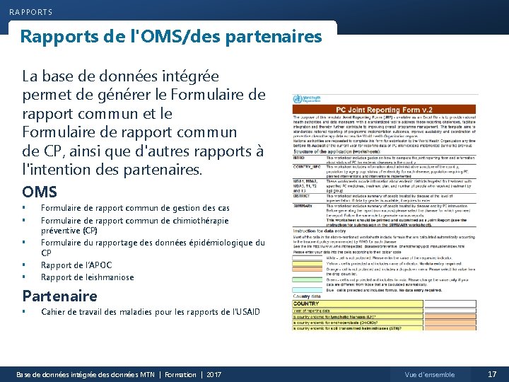 RAPPORTS Rapports de l'OMS/des partenaires La base de données intégrée permet de générer le