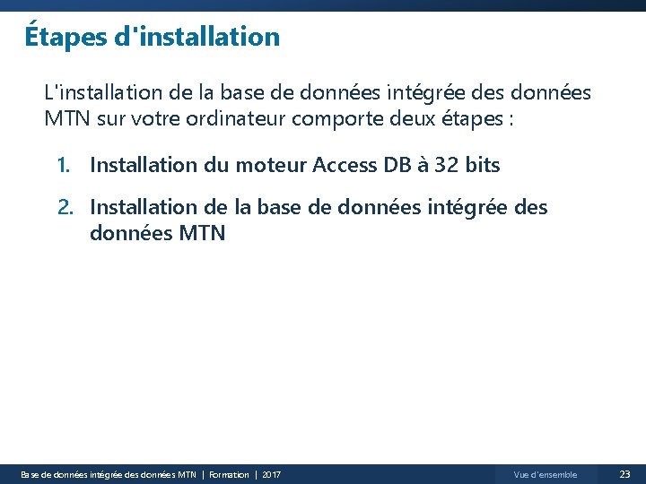 Étapes d'installation L'installation de la base de données intégrée des données MTN sur votre