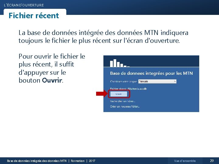 L 'ÉCRAN D'OUVERTURE Fichier récent La base de données intégrée des données MTN indiquera