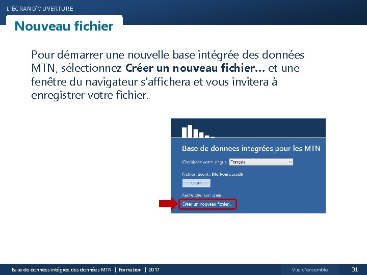 L 'ÉCRAN D'OUVERTURE Nouveau fichier Pour démarrer une nouvelle base intégrée des données MTN,