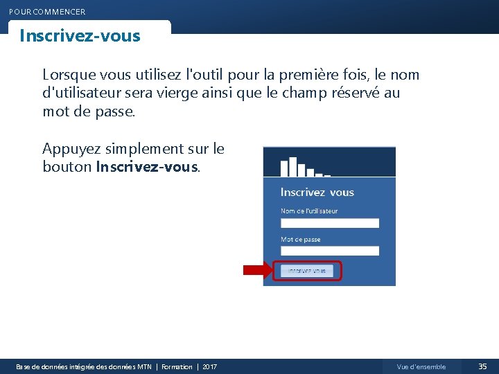 POUR COMMENCER Inscrivez-vous Lorsque vous utilisez l'outil pour la première fois, le nom d'utilisateur