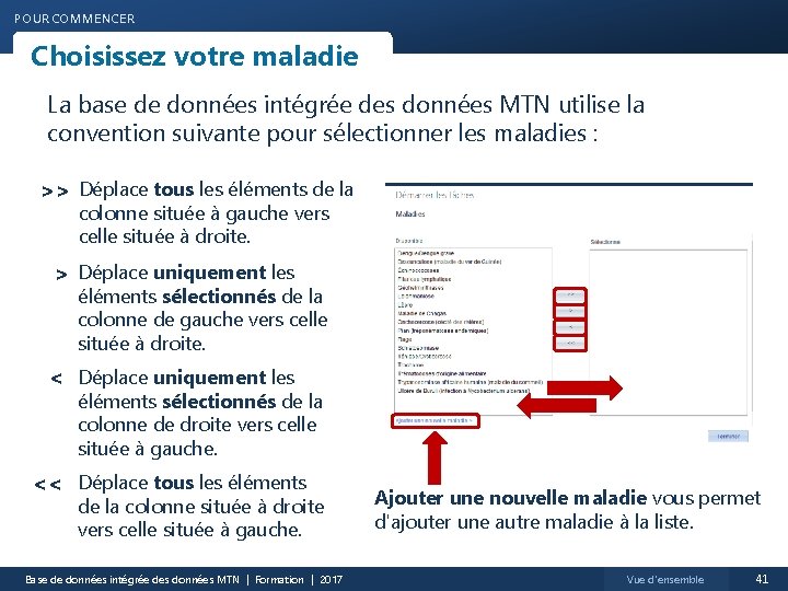 POUR COMMENCER Choisissez votre maladie La base de données intégrée des données MTN utilise