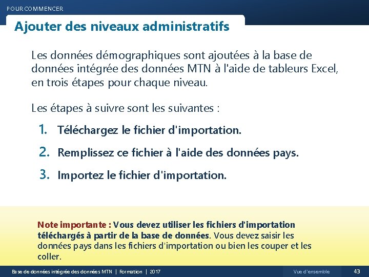 POUR COMMENCER Ajouter des niveaux administratifs Les données démographiques sont ajoutées à la base