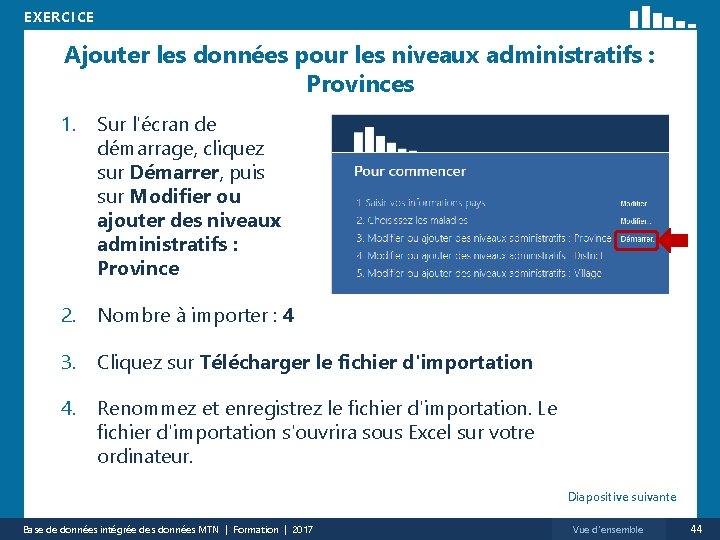 EXERCICE Ajouter les données pour les niveaux administratifs : Provinces 1. Sur l'écran de