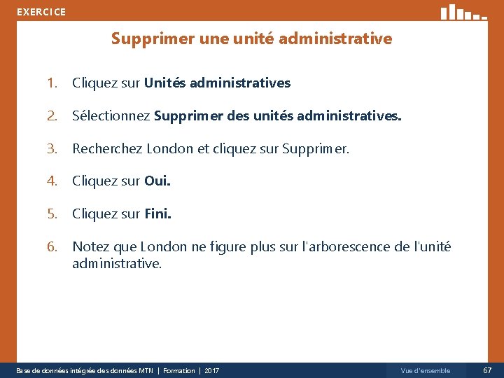 EXERCICE Supprimer une unité administrative 1. Cliquez sur Unités administratives 2. Sélectionnez Supprimer des