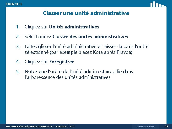 EXERCICE Classer une unité administrative 1. Cliquez sur Unités administratives 2. Sélectionnez Classer des