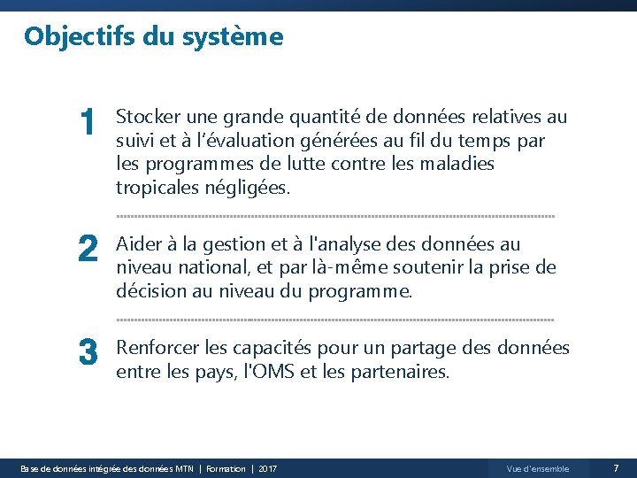 Objectifs du système 1 Stocker une grande quantité de données relatives au suivi et