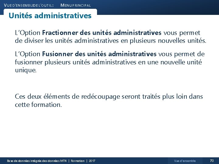 V UE D'ENSEMBLEDE L'OUTIL : M ENU PRINCIPAL Unités administratives L’Option Fractionner des unités