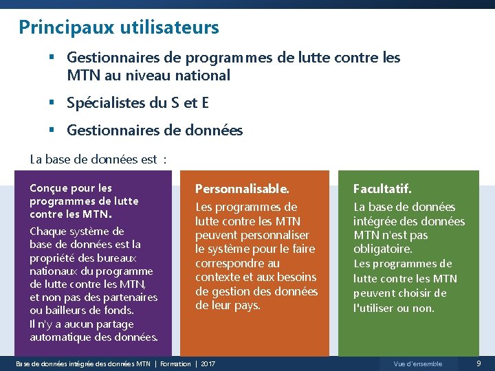 Principaux utilisateurs § Gestionnaires de programmes de lutte contre les MTN au niveau national