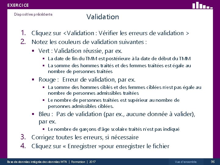 EXERCICE Diapositive précédente Validation 1. Cliquez sur <Validation : Vérifier les erreurs de validation