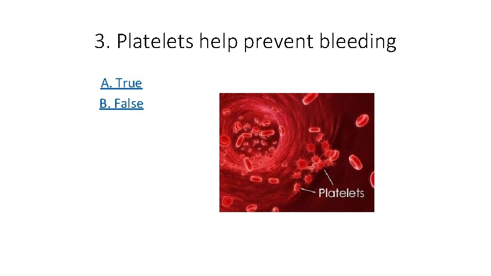 3. Platelets help prevent bleeding A. True B. False 