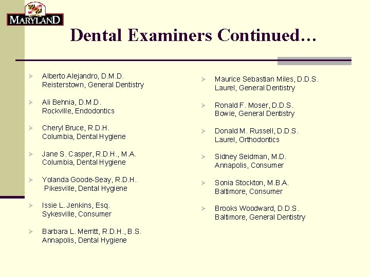 Dental Examiners Continued… Ø Alberto Alejandro, D. M. D. Reisterstown, General Dentistry Ø Maurice