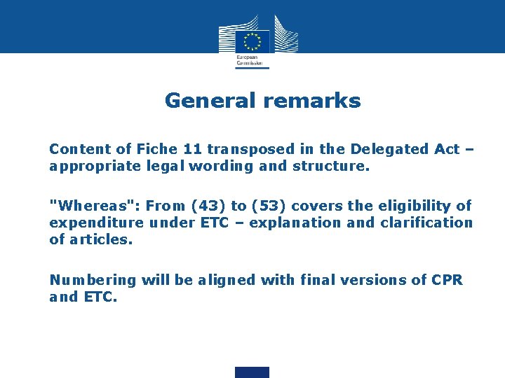 General remarks • Content of Fiche 11 transposed in the Delegated Act – appropriate