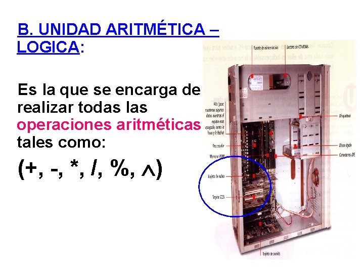 B. UNIDAD ARITMÉTICA – LOGICA: Es la que se encarga de realizar todas las