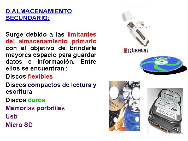 D. ALMACENAMIENTO SECUNDARIO: Surge debido a las limitantes del almacenamiento primario con el objetivo