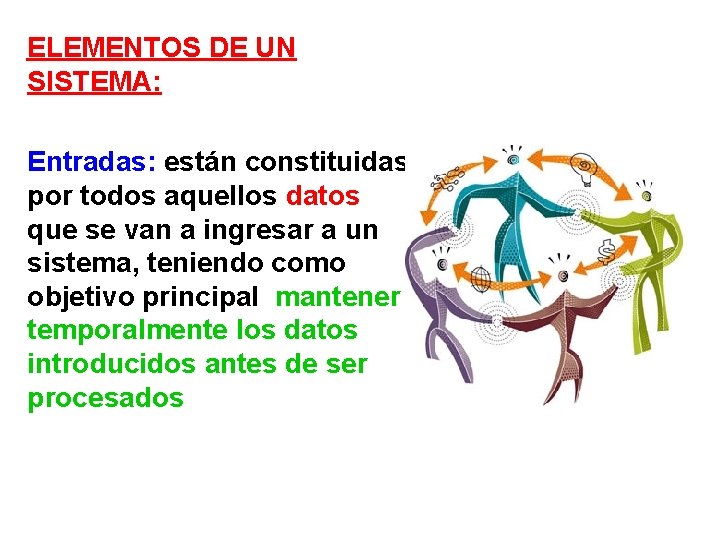 ELEMENTOS DE UN SISTEMA: Entradas: están constituidas por todos aquellos datos que se van