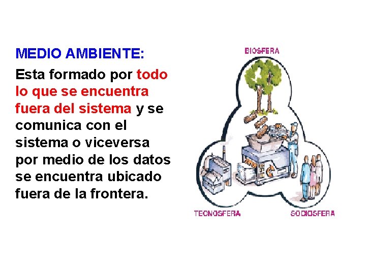 MEDIO AMBIENTE: Esta formado por todo lo que se encuentra fuera del sistema y