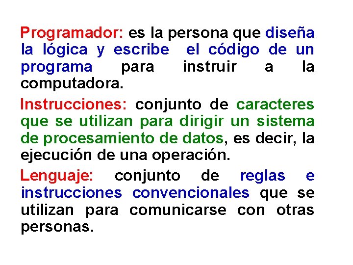 Programador: es la persona que diseña la lógica y escribe el código de un