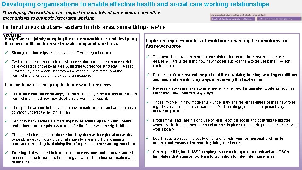 Developing organisations to enable effective health and social care working relationships Developing the workforce