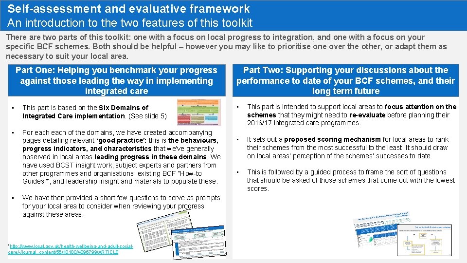 Self-assessment and evaluative framework An introduction to the two features of this toolkit There