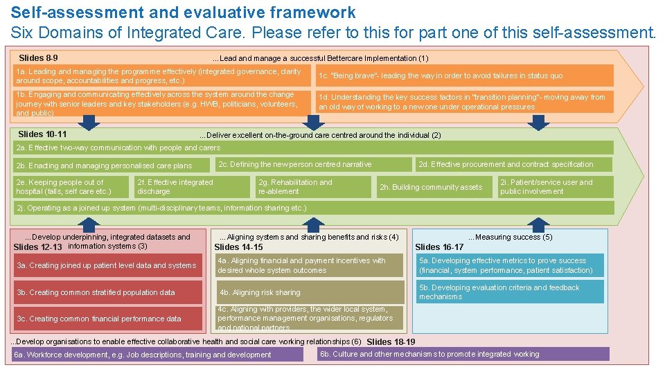 Self-assessment and evaluative framework How to use this tool (continued): The 6 ‘domains’ Six