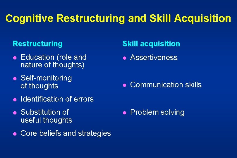 Cognitive Restructuring and Skill Acquisition Restructuring l Education (role and nature of thoughts) l