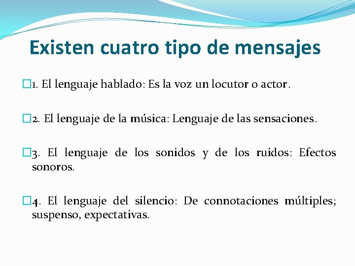 Existen cuatro tipo de mensajes � 1. El lenguaje hablado: Es la voz un