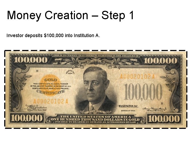 Money Creation – Step 1 Investor deposits $100, 000 into Institution A. 