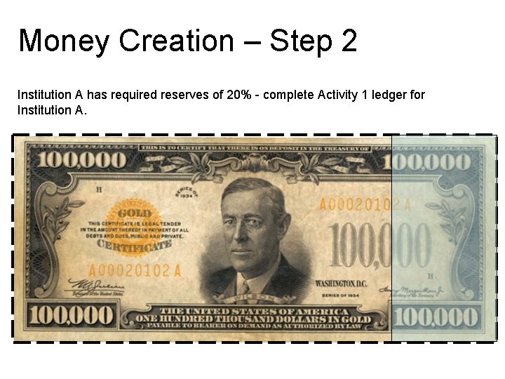Money Creation – Step 2 Institution A has required reserves of 20% - complete