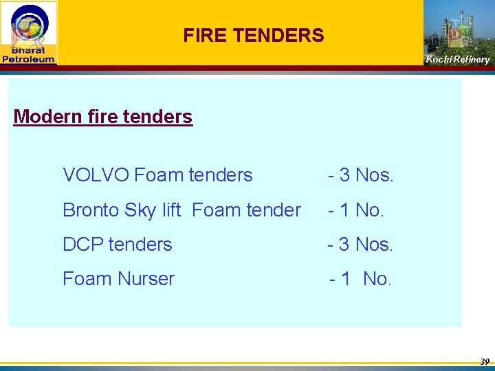 FIRE TENDERS Kochi Refinery Modern fire tenders VOLVO Foam tenders - 3 Nos. Bronto