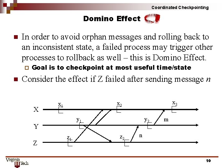 Coordinated Checkpointing Domino Effect n In order to avoid orphan messages and rolling back