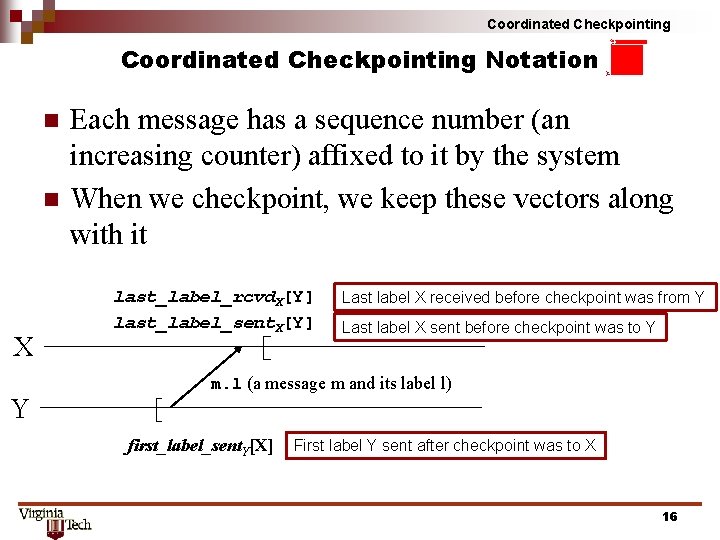 Coordinated Checkpointing Notation n n X Y Each message has a sequence number (an