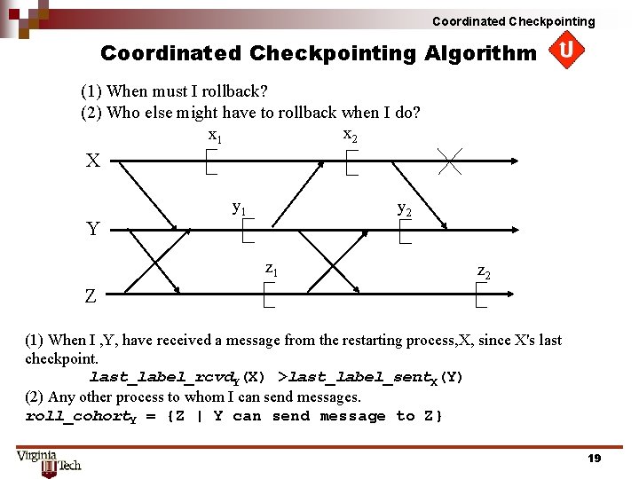 Coordinated Checkpointing Algorithm (1) When must I rollback? (2) Who else might have to Coordinated Checkpointing Algorithm (1) When must I rollback? (2) Who else might have to