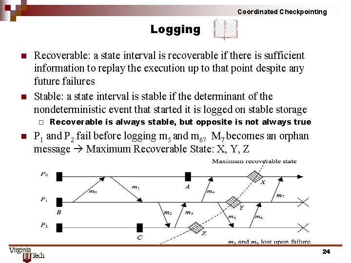 Coordinated Checkpointing Logging n n Recoverable: a state interval is recoverable if there is