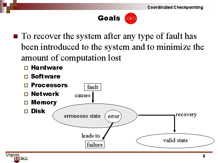 Coordinated Checkpointing Goals n To recover the system after any type of fault has