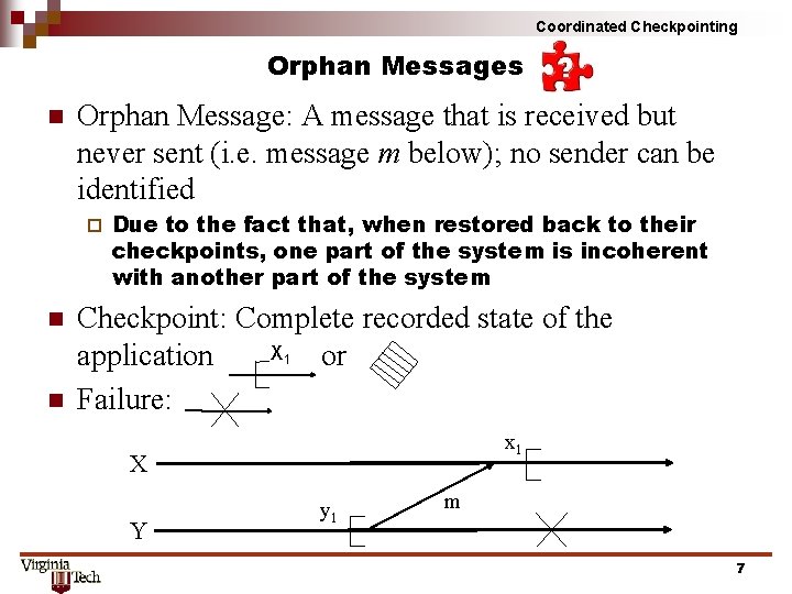 Coordinated Checkpointing Orphan Messages n Orphan Message: A message that is received but never