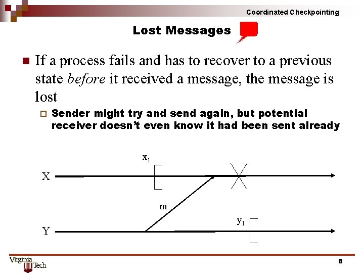 Coordinated Checkpointing Lost Messages n If a process fails and has to recover to