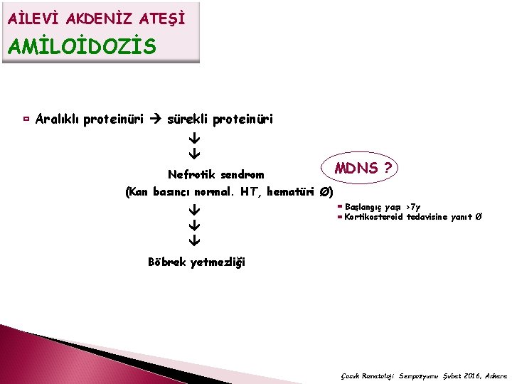 AİLEVİ AKDENİZ ATEŞİ AMİLOİDOZİS Aralıklı proteinüri sürekli proteinüri Nefrotik sendrom MDNS ? (Kan basıncı